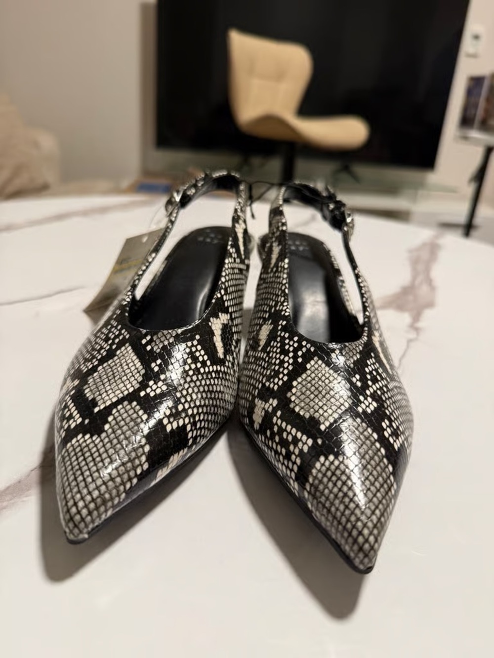 Pointed Toe Slingback Pumps in Black & White Snake Print